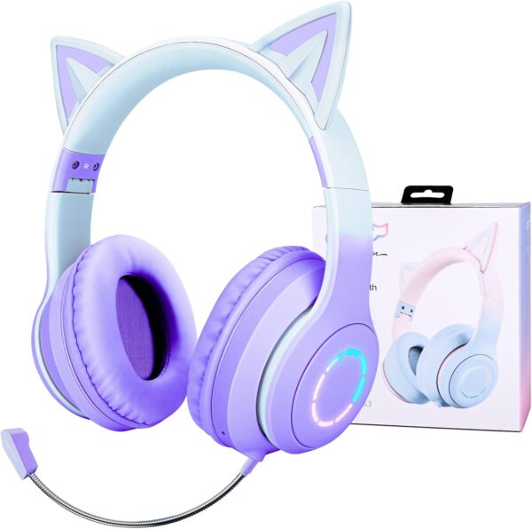 Casque sans Fil Bluetooth Réglable avec Oreilles de Chat LED & Micro