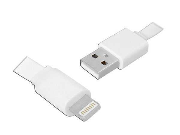 Câble PS USB - iPhone 8 broches, 1 m, plat, blanc.