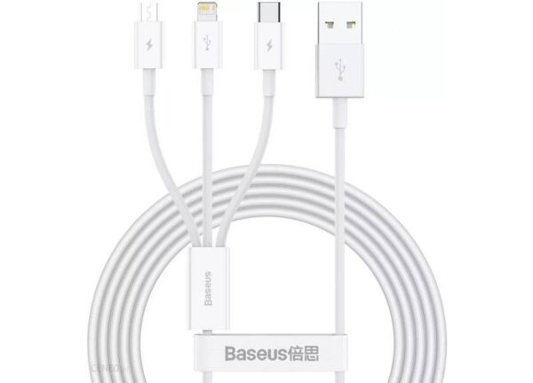 Câble USB Baseus 3 en 1 de qualité supérieure - Lightning + USB-C + microUSB 1,5 m 3,5 A Blanc