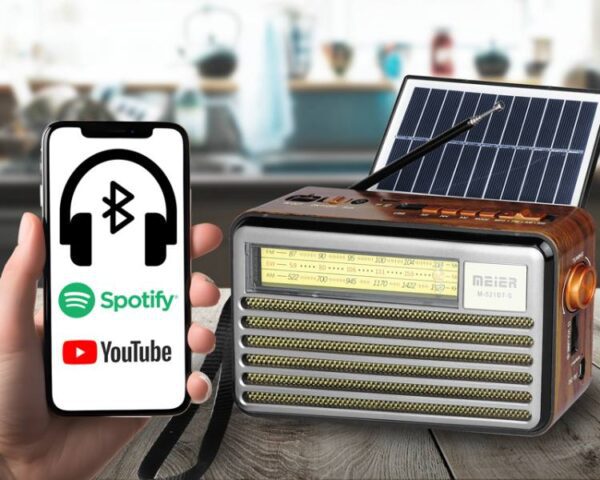 Radio portable rétro PS Liwa avec panneaux solaires (MK-193BT), FM, Bluetooth, USB, SD, AUX, lampe USB, grise