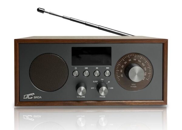 Radio portable rétro Brda FM/BT/USB, batterie 2200 mAh, 10 W, charge de téléphone par induction, marron/graphite