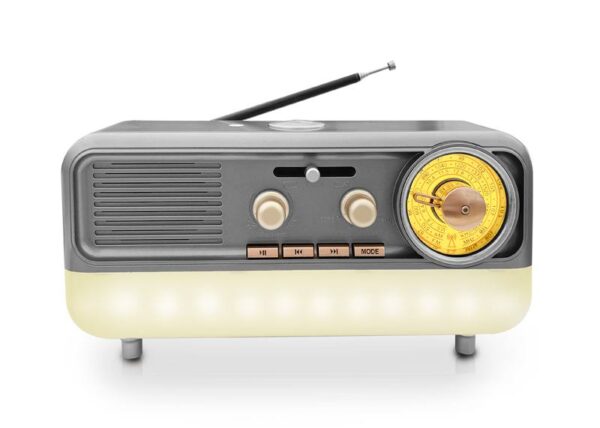 Radio RETRO MD-1314BT Bluetooth, USB, carte TF, entrée AUX, fonction éclairage, réglage progressif de la luminosité, fonctionne sur piles, argent