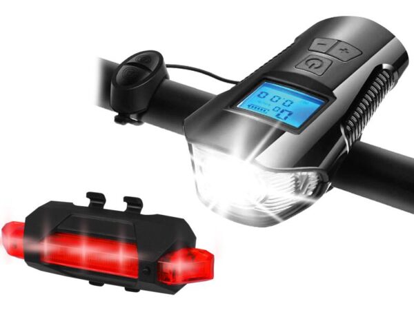 Kit d'éclairage vélo LTC avec compteur, 1 LED SMD 10W 1000LM + 5 LED SMD 50LM avec batterie 1200/300mAh, klaxon, MicroUSB