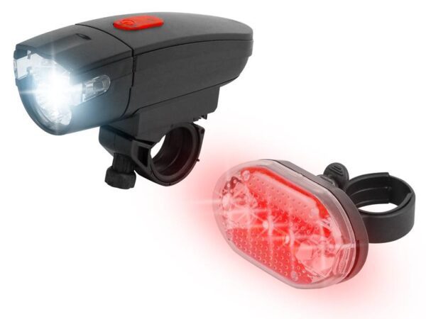 Ensemble d'éclairage vélo LTC, avant - 3W 8 x LED, 3 modes, 3 x AAA, arrière - 1W 5 x LED, 7 modes, 2 x AAA.