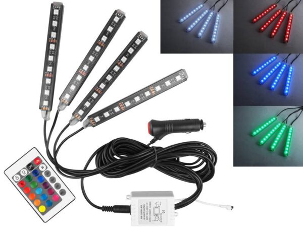 Éclairage intérieur/d'habitacle de voiture, 4 bandes RGB 9 LED étanches + contrôleur/télécommande/prise allume-cigare IP54.