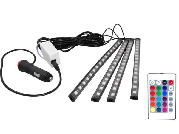 Éclairage intérieur/d'habitacle de voiture, 4 bandes RGB 15 LED étanches + contrôleur/télécommande/prise allume-cigare, IP54.