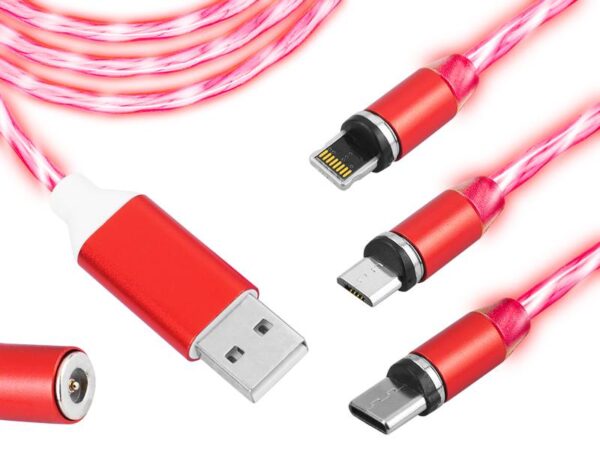 Câble USB magnétique rouge 3 en 1 KK21W rétroéclairage LED (rouge clair).