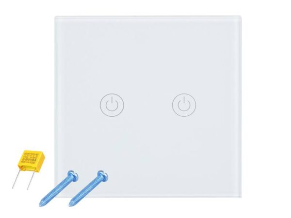 Interrupteur tactile double, panneau en verre, blanc.