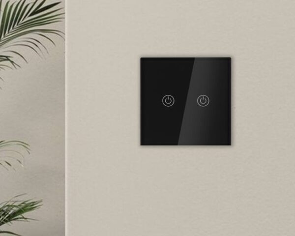 Interrupteur tactile double, panneau en verre, noir.