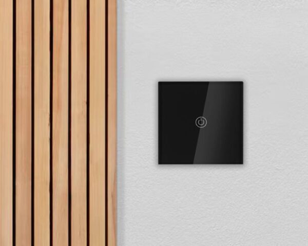 Interrupteur tactile, simple, panneau en verre, noir.