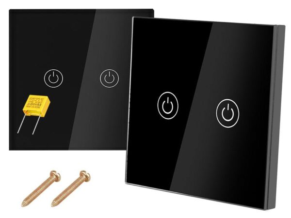 Interrupteur tactile pour escalier, lot de 2 (émetteur + récepteur), double, panneau en verre, noir