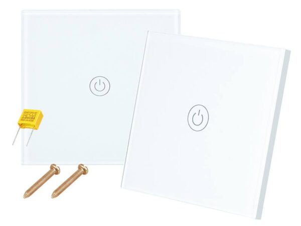 Interrupteur tactile pour escalier, lot de 2 (émetteur + récepteur), simple, panneau en verre, blanc