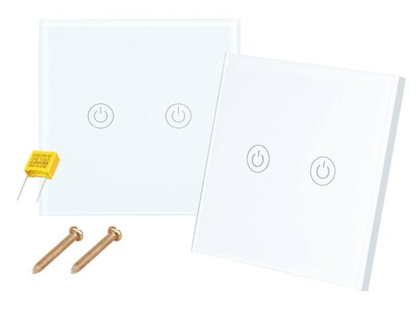 Interrupteur tactile pour escalier, lot de 2 (émetteur + récepteur), double, panneau en verre, blanc