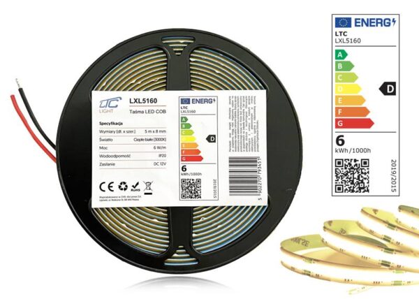 Bande LED COB PS IP20 3000K 1100 lm/m 6 W/m Rouleau de 5 m 12 V