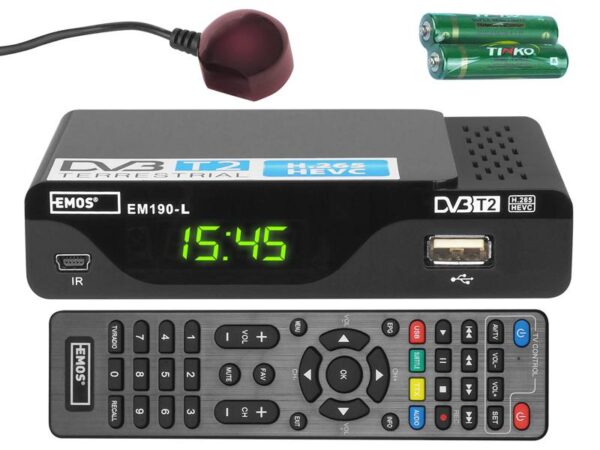 Tuner DVB-T2 PS EMOS MINI EM190, capteur IR, télécommande programmable