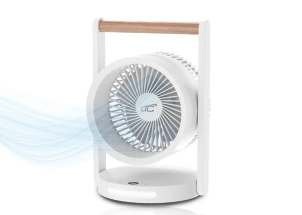 Ventilateur de bureau sans fil LTC avec poignée en bois, 16,3 cm (6,4 pouces), USB-C, 10 W, batterie 3 600 mAh, 5 vitesses et veilleuse.