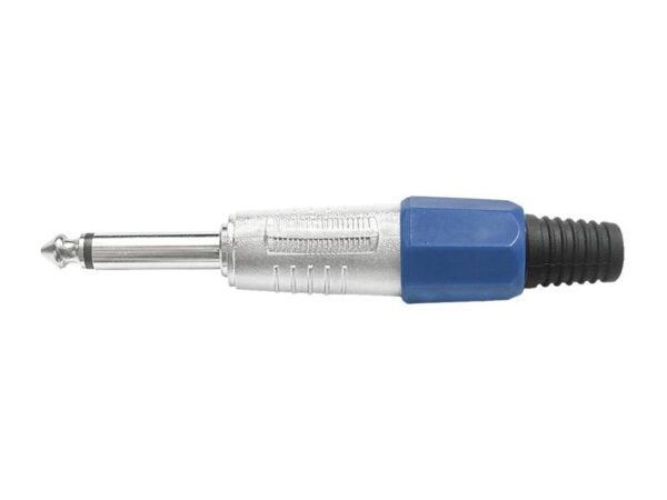 Fiche jack mono 6,3 mm en métal avec serre-câble, bleue