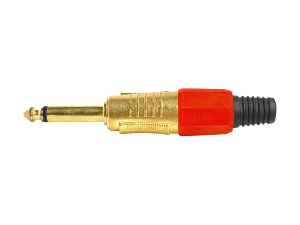 Prise jack mono 6,3 mm plaquée or avec serre-câble rouge