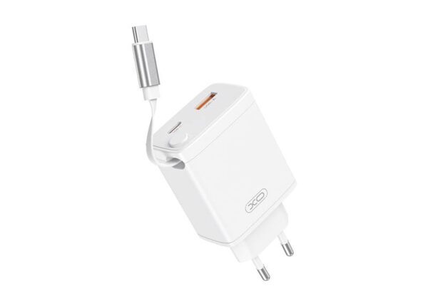 Chargeur mural XO CE31 avec câble rétractable, compatible PD QC 3.0, 30 W, 1 port USB et 1 port USB-C, blanc.
