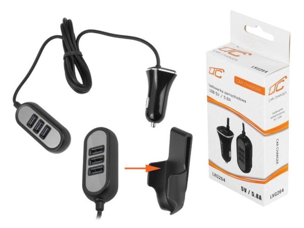 Chargeur de voiture PS USB + 3 ports USB sur un câble de 1,4 m, 5,8 A.