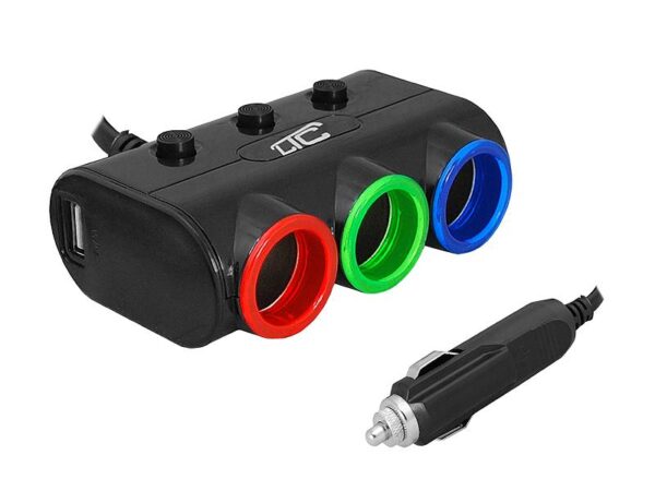 Adaptateur LED LTC CAR FIRE + câble 3 prises + 2xUSB, 1,2A, 12/24V, noir.