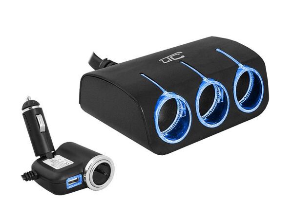 Adaptateur LTC CAR FIRE LED 3 + 1 prises (120W) + USB 1200mA, 12/24V, noir.