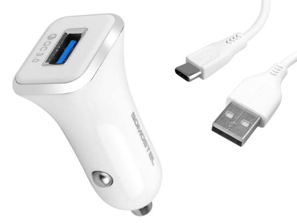 Chargeur de voiture SOMOSTEL 3A + câble TYPE-C blanc 3100 mAh SMS-A43 CHARGEUR RAPIDE 3.0
