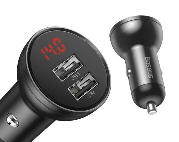 Chargeur de voiture Baseus avec écran, 2 ports USB, 4,8 A, 24 W (gris).