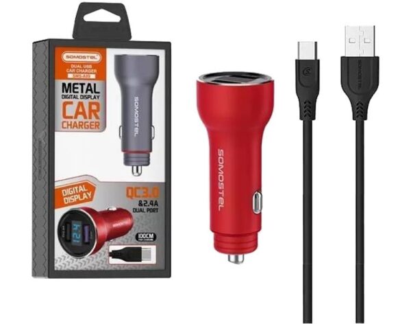 Chargeur de voiture SOMOSTEL 5A/30W/2xUSB+MÈTRE/CÂBLE TYPE-C SMS-A89 CHARGEUR RAPIDE 3.0