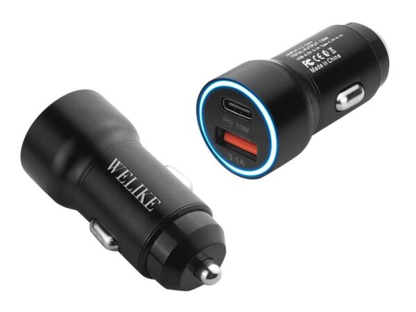 Chargeur de voiture WK-009 USB + USB-C PD 15W 3.1A, 12-24V, noir.