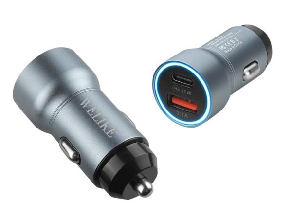 Chargeur de voiture WK-009 USB+USB-C PD 15W 3.1A, 12-24V, gris.