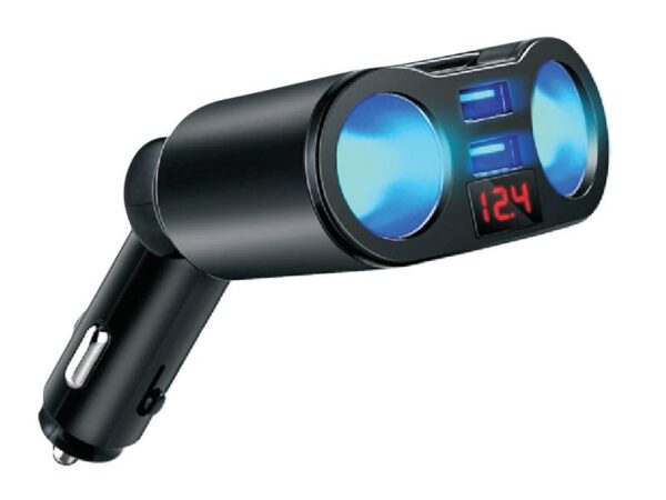 Adaptateur allume-cigare, 2 ports USB, voltmètre
