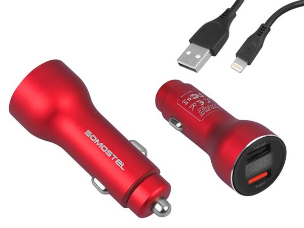 Chargeur de voiture 5A avec indicateur rouge + câble iPhone Somostel 30W 2 ports USB double SMS-A89 Charge rapide QC 3.0 Métal