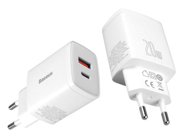 Chargeur rapide compact PS Baseus USB + USB-C QC 3.0 PD 3.0, 20W, blanc.