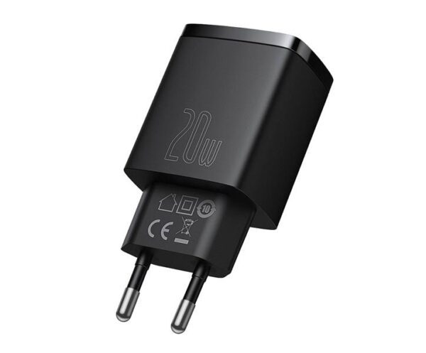 Chargeur rapide compact PS Baseus USB + USB-C QC 3.0 PD 3.0, 20W, noir.