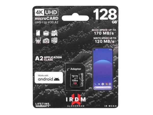 Carte microSD PS GOODRAM 128 Go V30 A2 + adaptateur. IRDM UHS et U3.