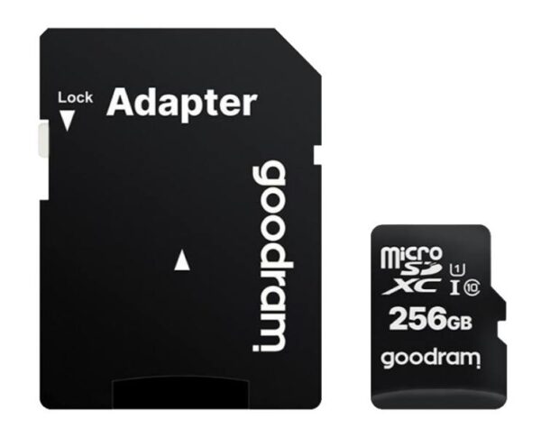 Carte microSD PS Goodram 256 Go, classe 10, UHS, adaptateur.