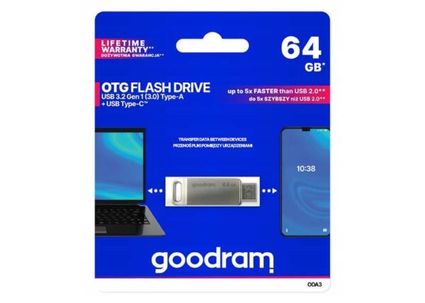 Clé USB PS GOODRAM 64 Go ODA3 ARGENT USB 3.2 + USB Type-C