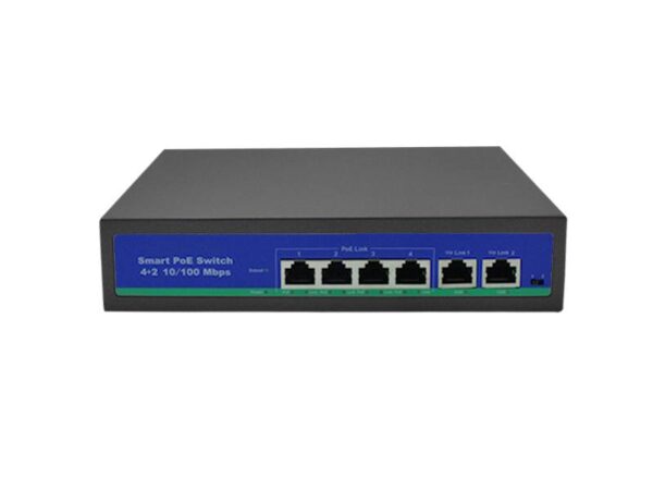 Commutateur PS 4 ports PoE 10/100 Mbps 802.3af/at + 2x Uplink 10/100 Mbps, 78/W, mode étendu (250 m)