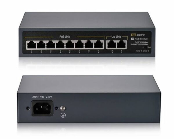 Commutateur PS 8 ports PoE 10/100 Mbps 802.3af/at + 2 liaisons montantes 100/1000 Mbps, 120 W, mode étendu (250 m)