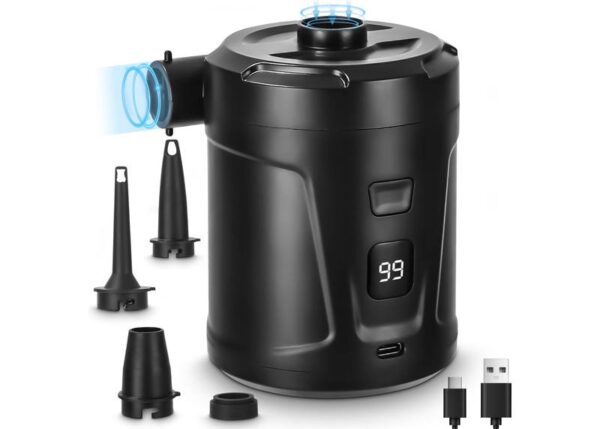 Pompe rechargeable avec écran LCD, 5A, 3,7V 5200mAh, chargeur noir de type C, 4 embouts, étui inclus, 18,5W, 300L/minute.