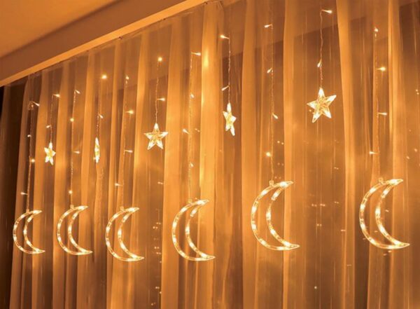 Rideau lumineux LED PS, étoiles et lunes, lumière blanc chaud