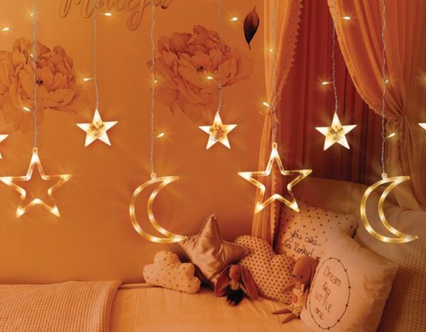 Rideau lumineux LED PS, étoiles et lunes, lumière blanc chaud