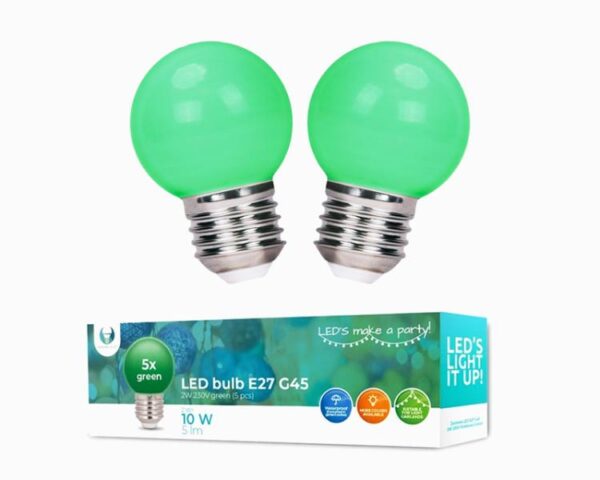ENSEMBLE D'AMPOULES LED E27/G45/2W GUIRLANDE LUMINEUSE DE JARDIN VERTE 5 pièces.