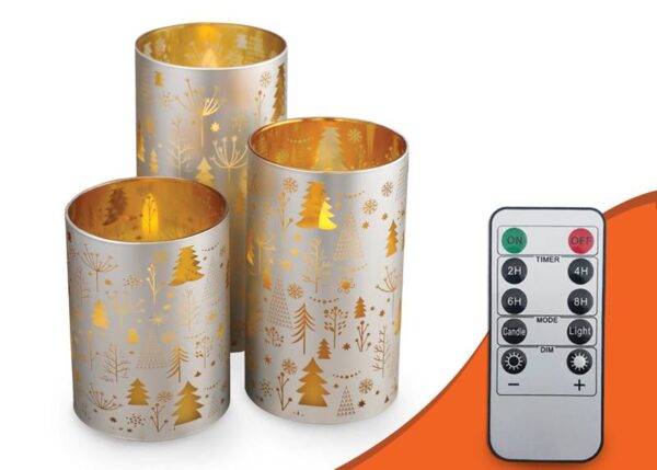 Bougies décoratives LED argentées de Noël, lot de 3 + télécommande