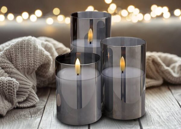 Bougies décoratives LED, verre fumé, lot de 3 + télécommande