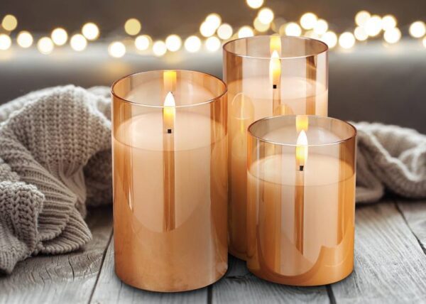Bougies décoratives LED, en verre, dorées, lot de 3 + télécommande