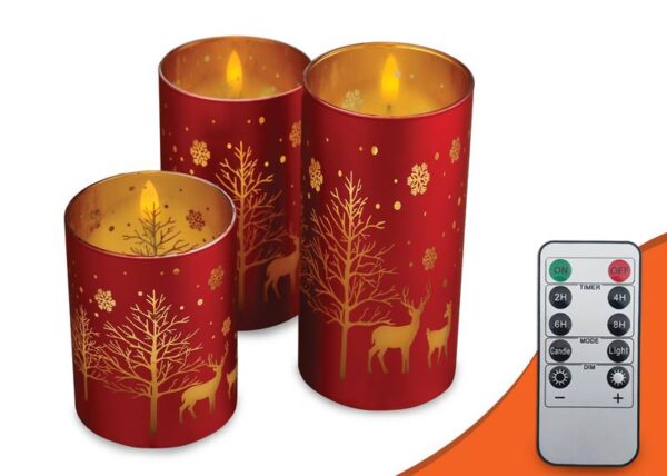 Bougies de Noël décoratives à LED rouges et dorées, lot de 3 + télécommande