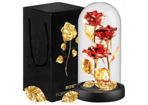 Rose décorative éternelle, rouge, trois fleurs rétroéclairées