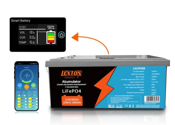 Batterie lithium-fer-phosphate avec BMS LIFePO4, écran LCD/Bluetooth, 12,8 V, 200 Ah